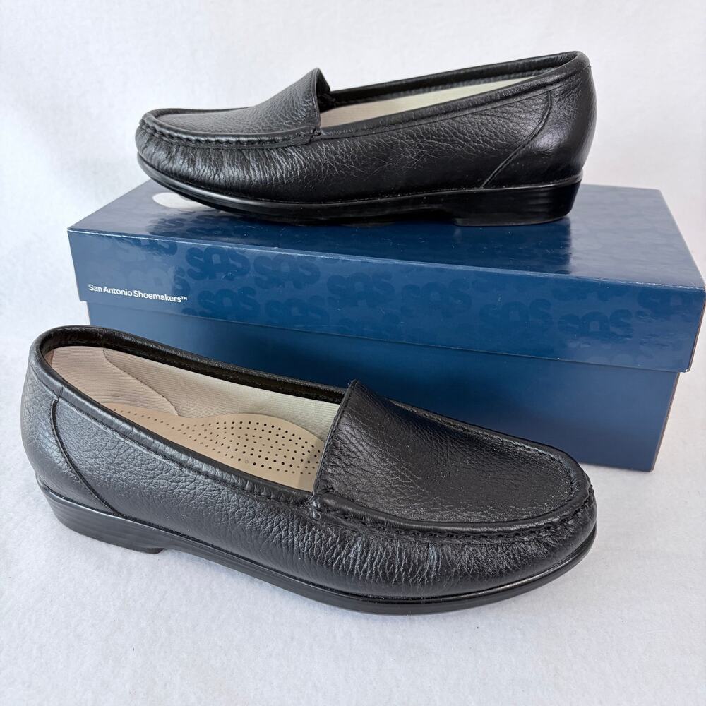 SAS Slip On Shoes Women’s 7 Black Pebbled Leather Comfy Cushion Flats Loafers